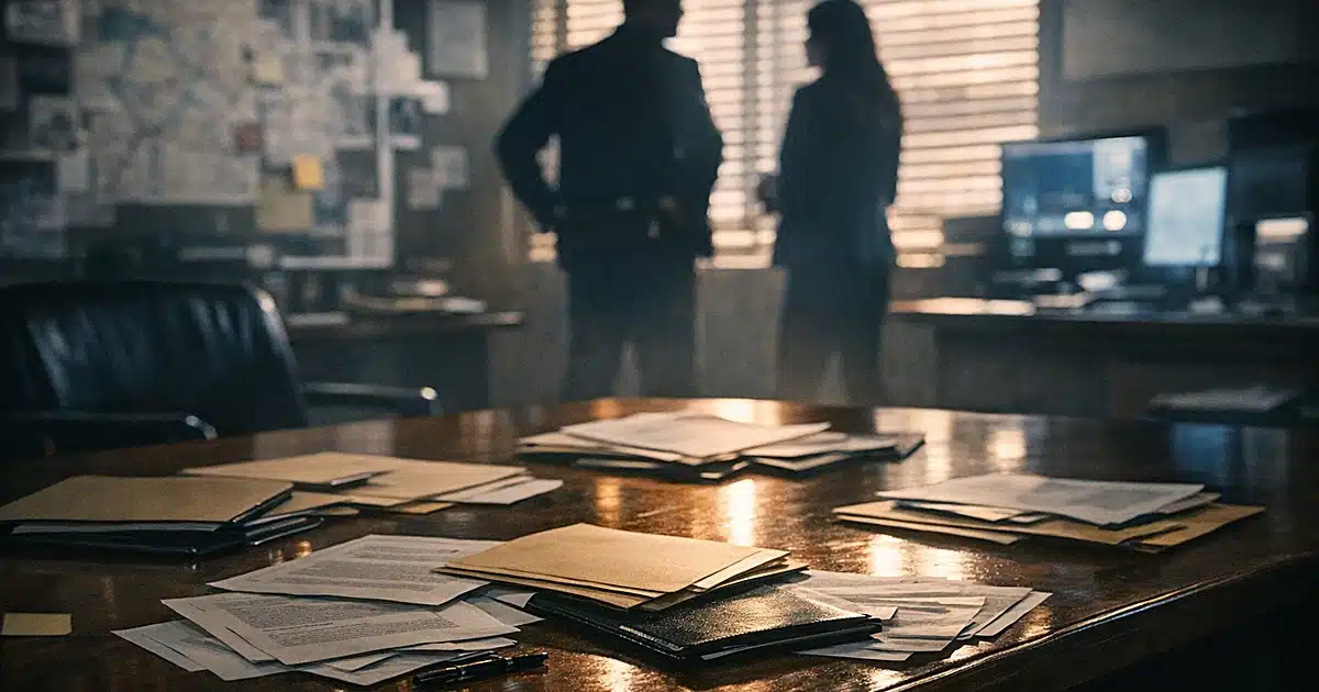 FBI conference room with documents on table and silhouetted figures near window with venetian blinds