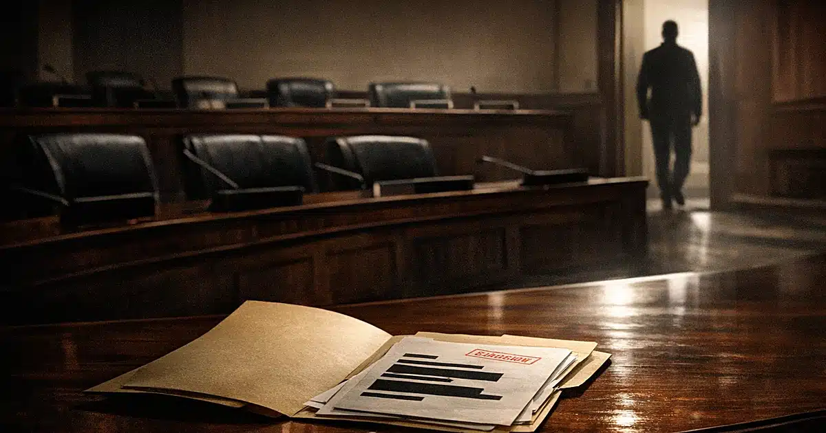 Empty congressional hearing room with classified folder on table, silhouetted figure in distant doorway