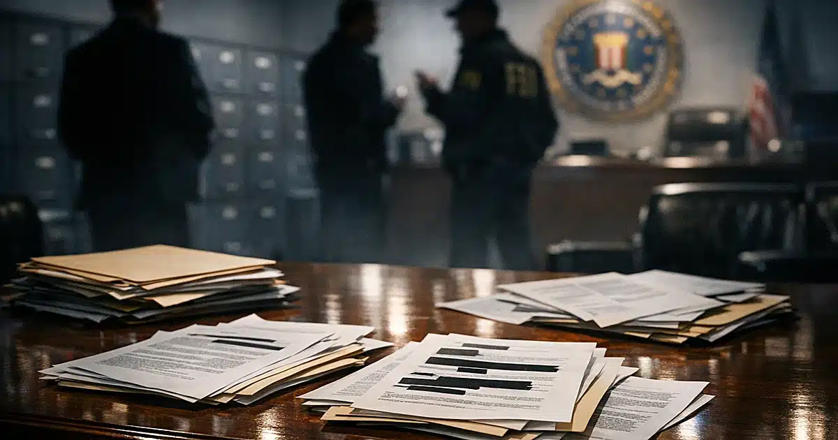FBI conference room with classified documents spread on table and silhouetted figures in background