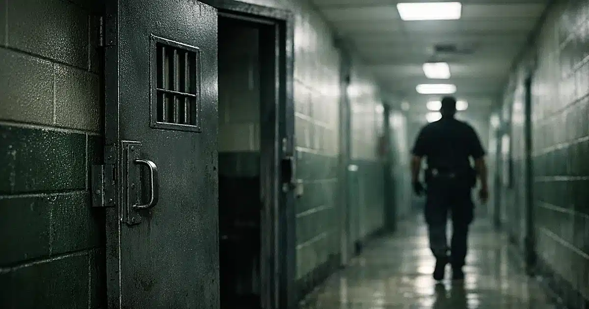 Jail corridor with open cell door and silhouetted officer walking away in harsh institutional lighting