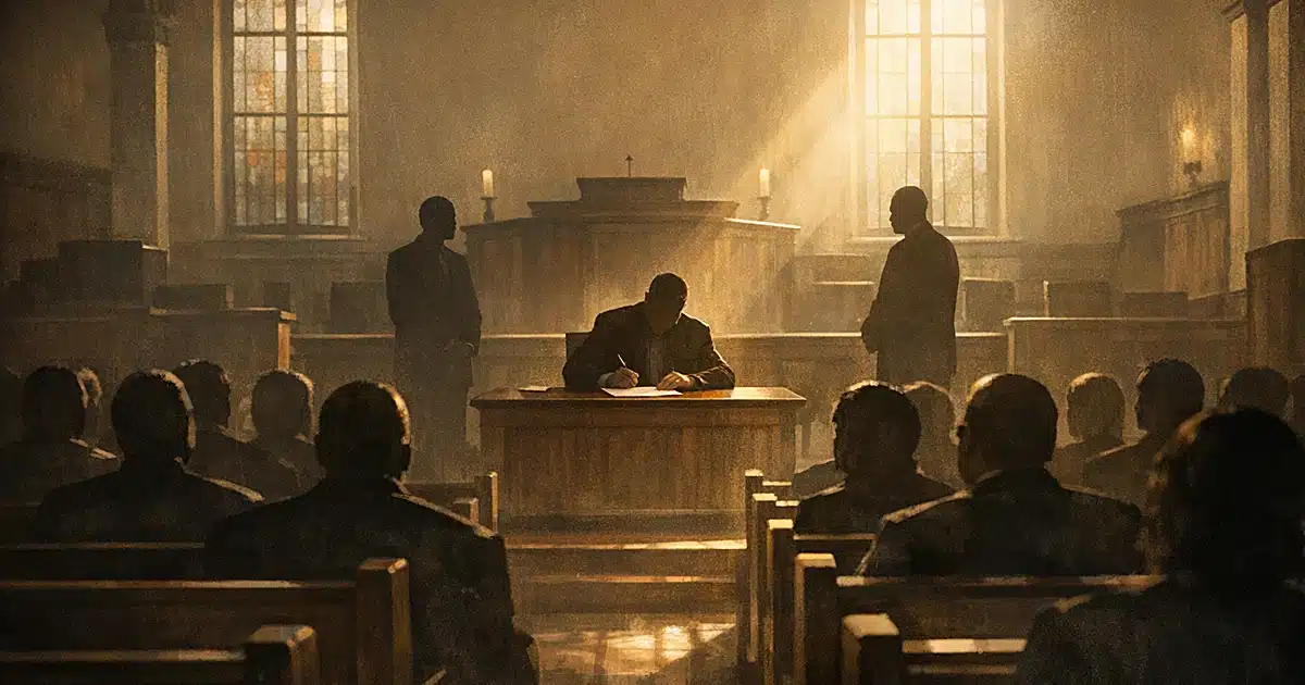 Silhouettes of people gathered in a church interior watching a figure at a podium during a ceremonial bill signing