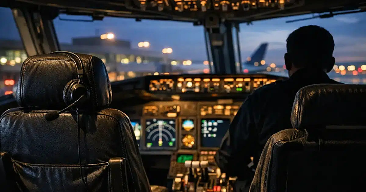 Empty airline cockpit seats with instrument panels glowing, airport terminal visible through windscreen at dusk