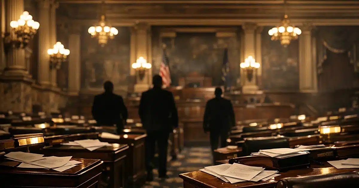 Empty state legislative chamber with silhouetted figures and scattered papers on desks in dramatic lighting