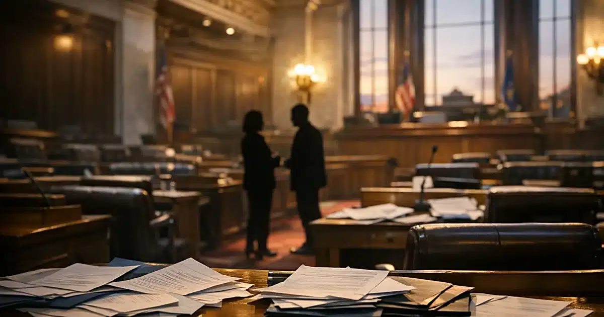 Empty Wisconsin legislative chamber at dusk with silhouetted figures and scattered papers on desks