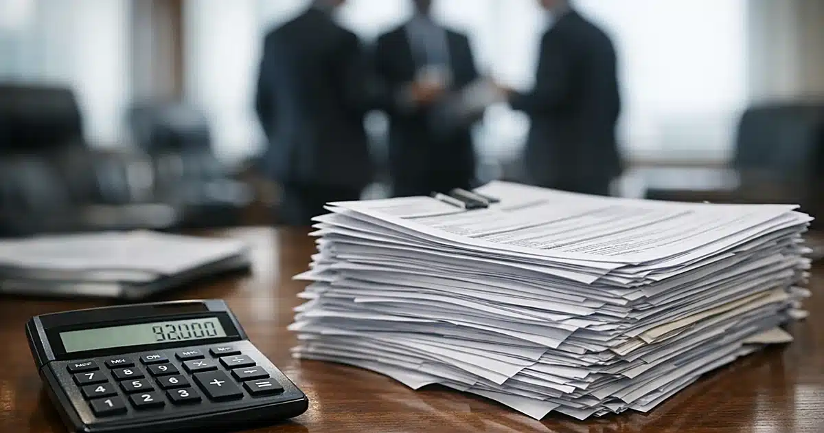 Stack of visa application documents on desk with calculator, silhouetted figures in background