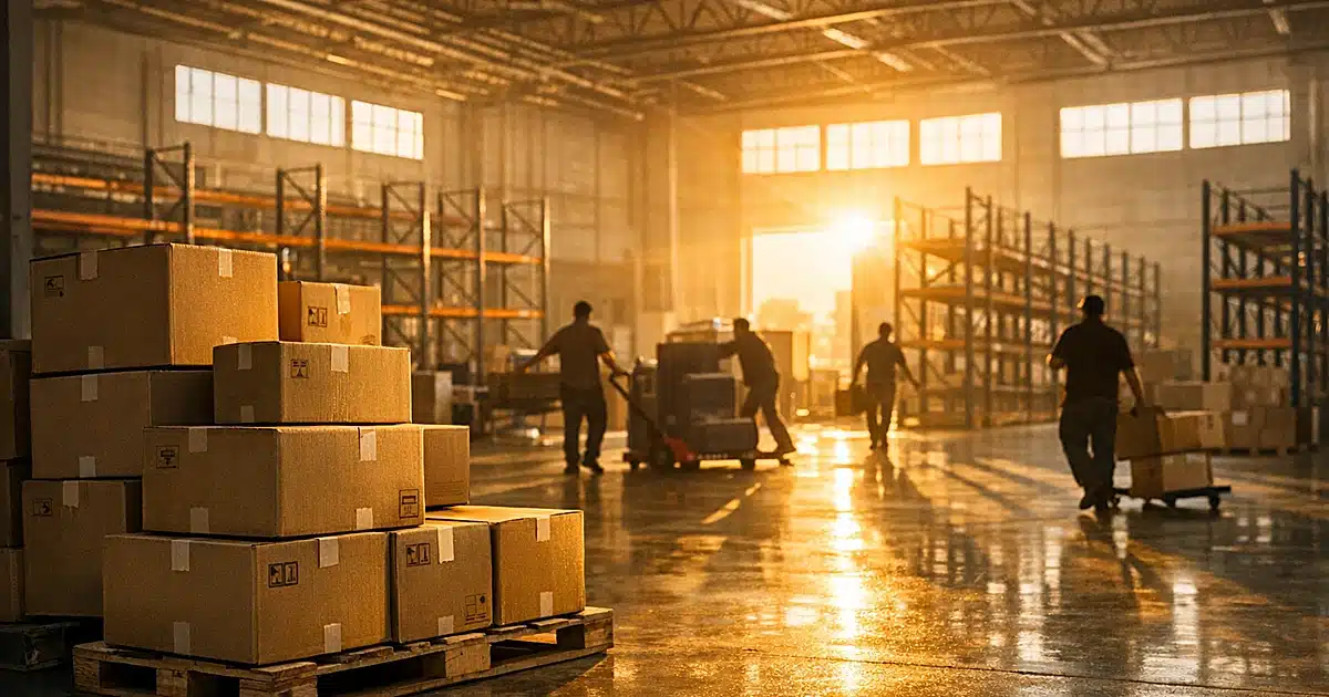 Industrial warehouse interior in Texas with moving boxes and silhouetted workers during company relocation