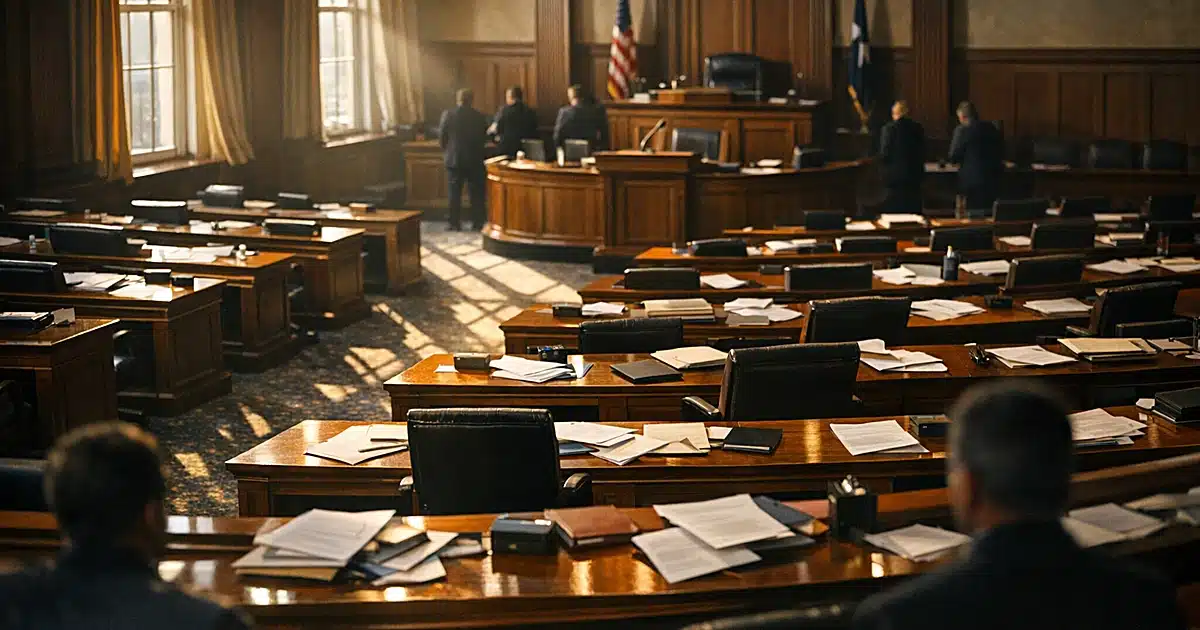 Empty state legislative chamber with wooden desks and podium lit by afternoon sunlight through tall windows