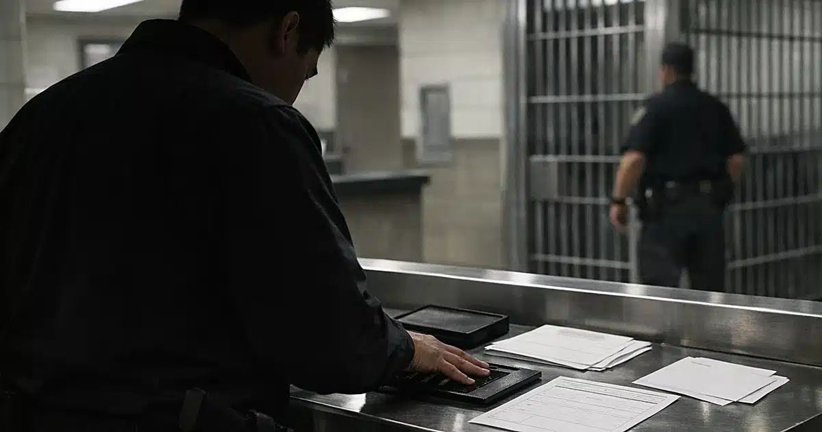 Federal booking station with fingerprinting equipment and silhouetted figure processing documents