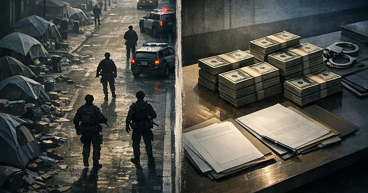 Aerial view of city street split between police presence and money on table with blank documents