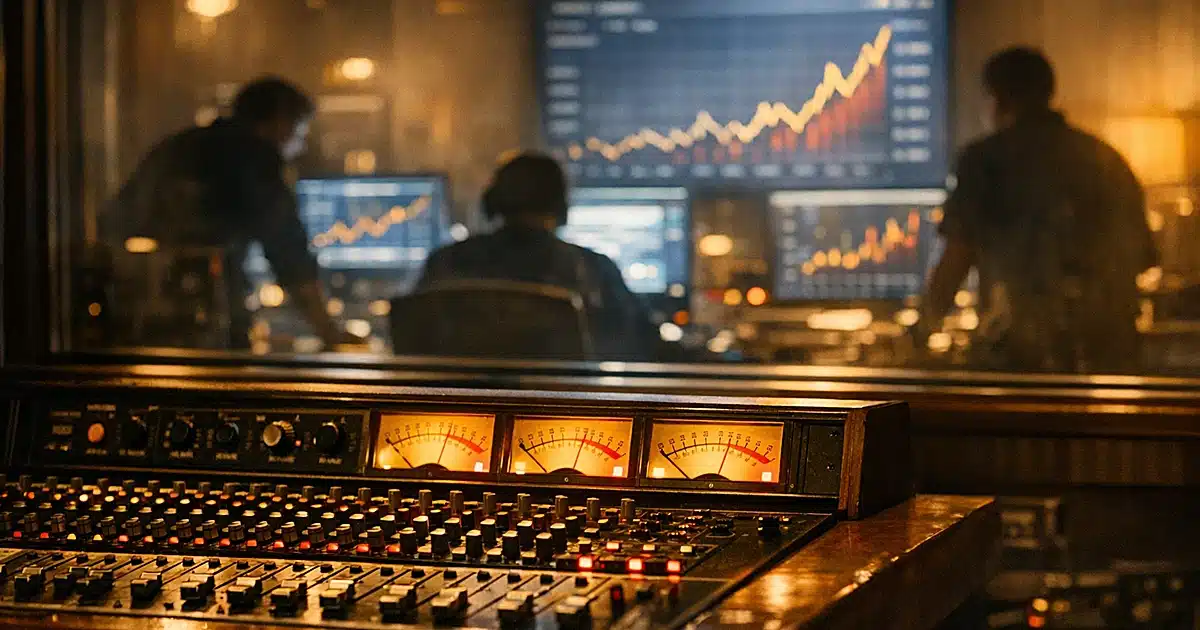 Recording studio mixing console with VU meters peaking as silhouetted figures monitor streaming data on glowing screens