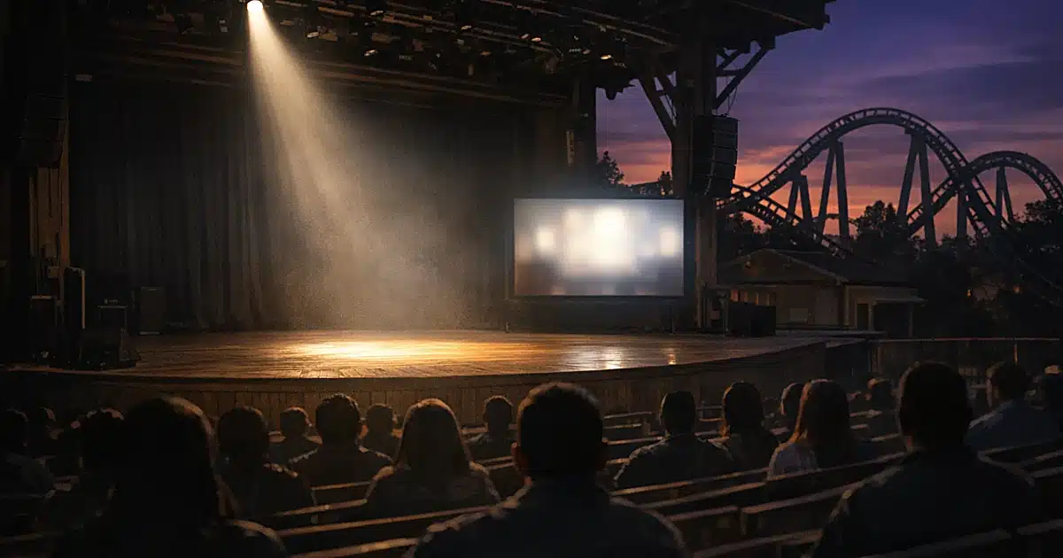 Empty spotlight on theme park stage with roller coaster silhouette and audience shown from behind at sunset
