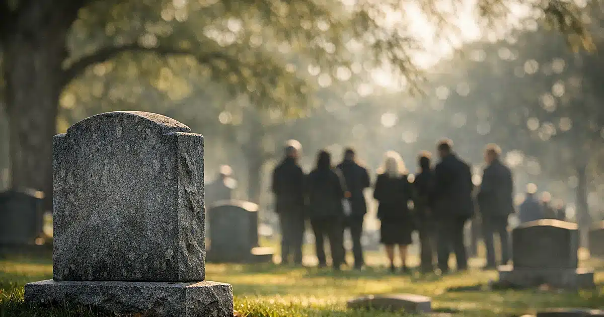 Granite headstone in Nashville cemetery with blurred monuments and silhouettes of people in background