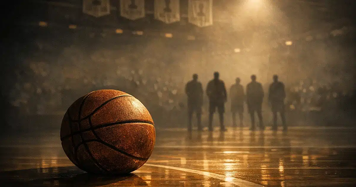 Basketball on empty court with spotlight and silhouetted players in darkened arena with banners overhead