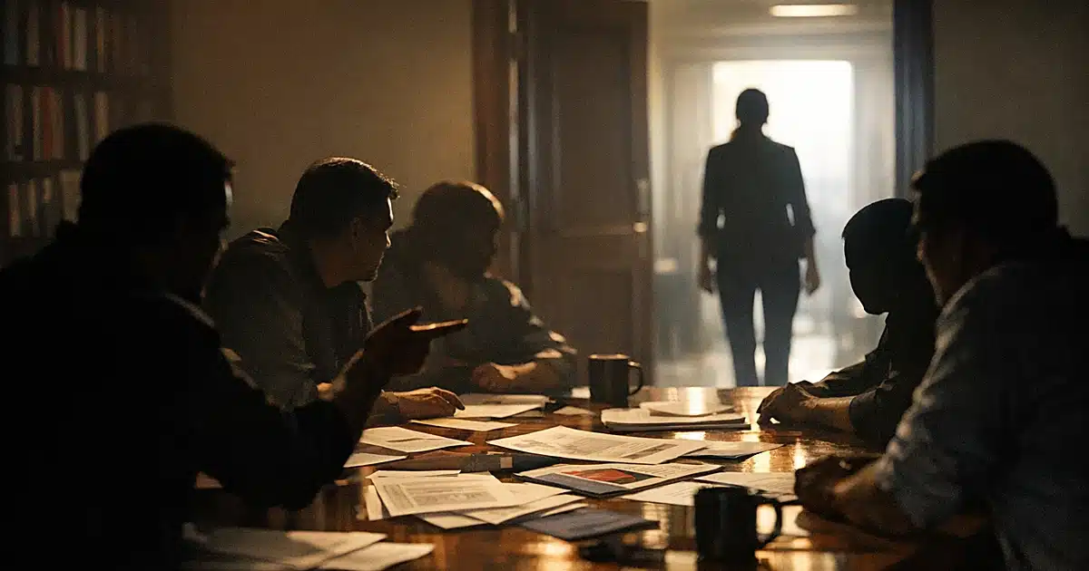 Silhouetted figures in tense meeting room discussion with isolated figure in background doorway