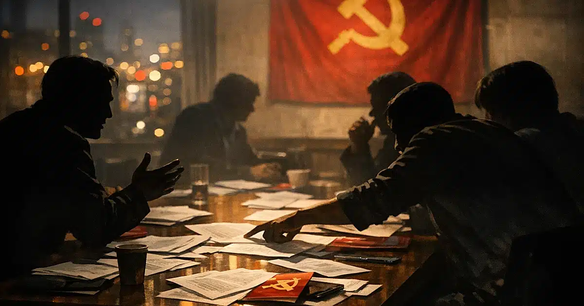 Silhouetted figures in heated discussion around table scattered with papers in dimly lit meeting room