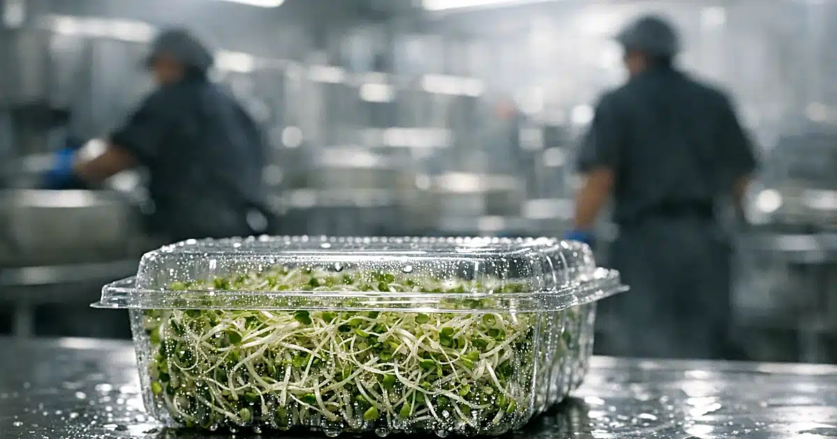 Alfalfa sprouts in plastic container on commercial kitchen surface with workers in background