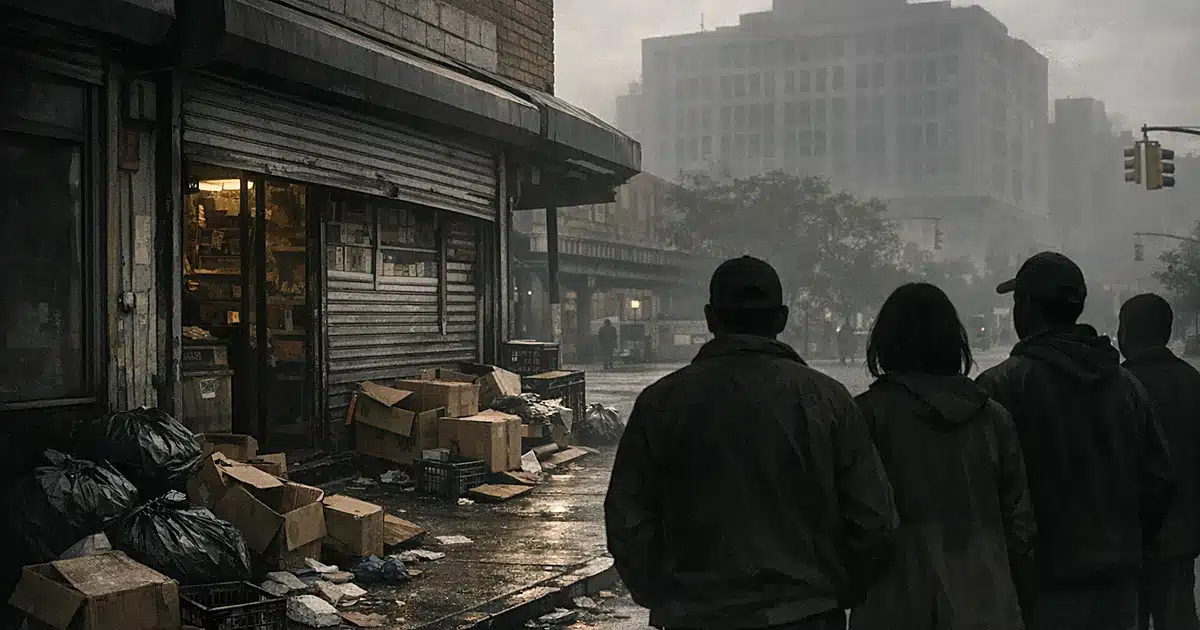 Small bodega with security gates and trash on sidewalk, silhouettes of people standing outside, larger building in background