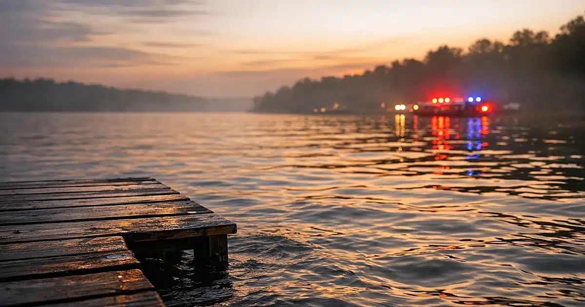 Murky lake water at dusk with wooden dock and distant emergency lights reflecting on surface