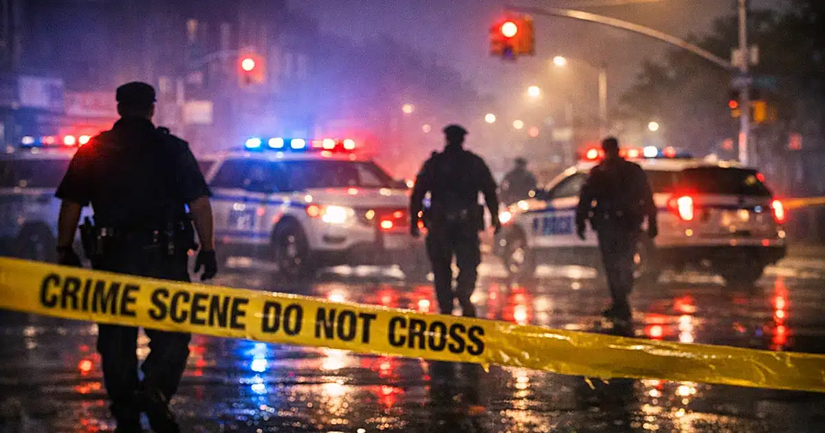 Police vehicles with emergency lights active on dark urban street at predawn with crime scene tape in foreground