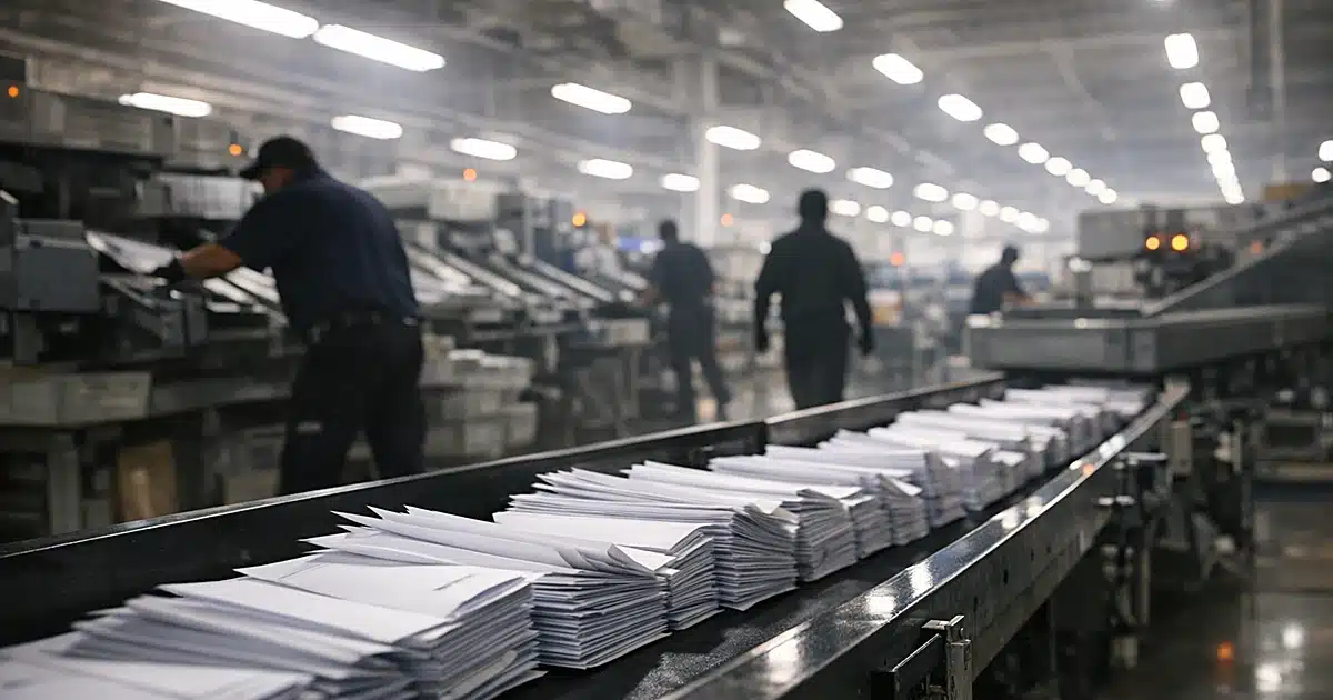 Postal workers process mail-in ballots on conveyor belts inside a large distribution facility at dusk