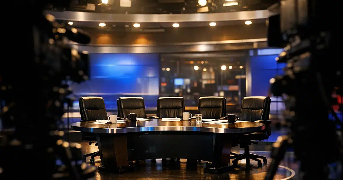 Empty television studio broadcast desk with five chairs under professional studio lighting