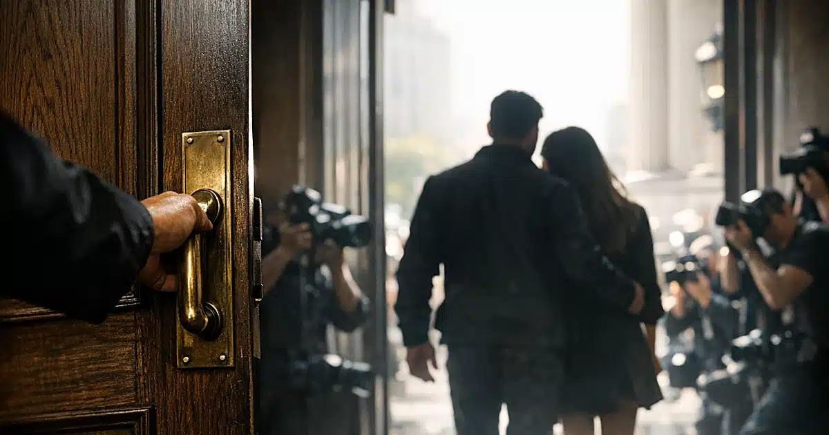 Courthouse door opening with silhouetted couple emerging into bright daylight as photographers wait outside