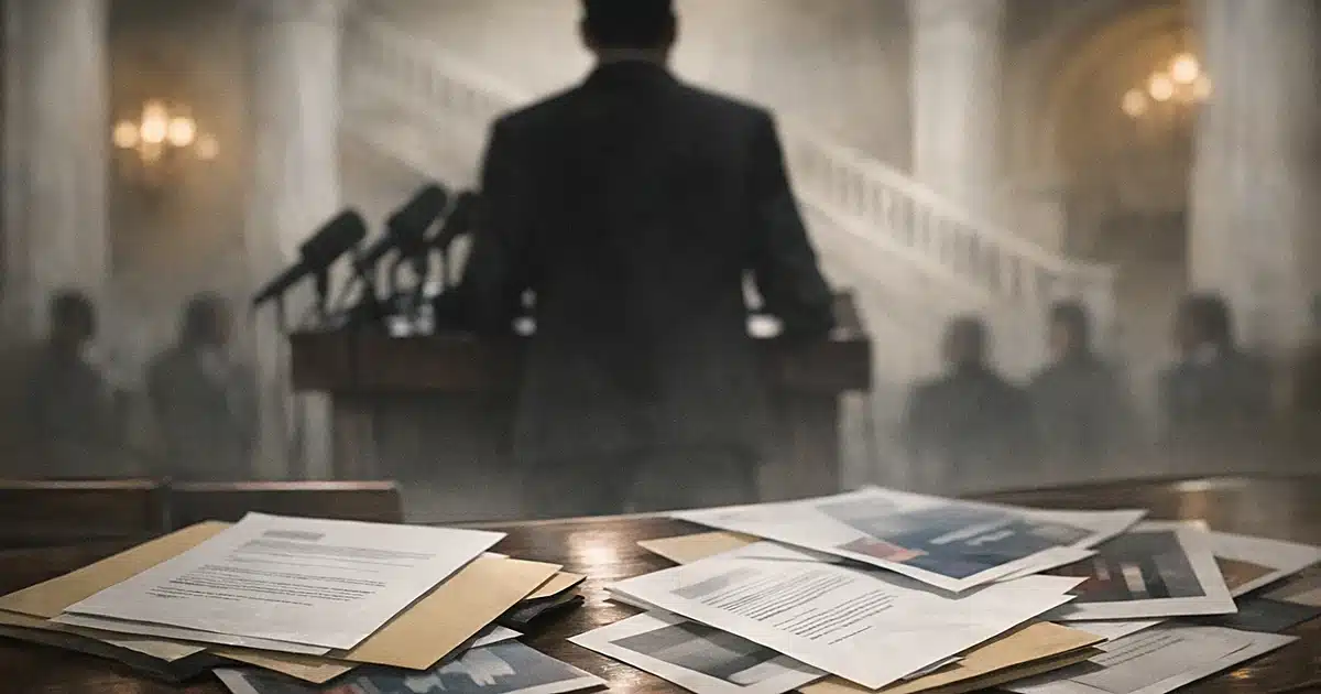 Silhouetted figure at podium with microphones, official documents scattered on desk in government building interior