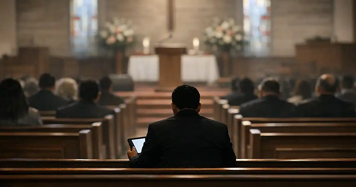 Solitary figure with tablet sits isolated in church pew while others gather toward front of sanctuary