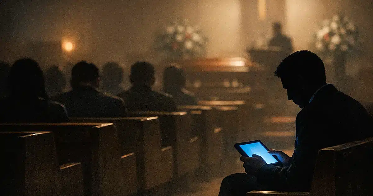 Silhouetted figure holding glowing tablet sits alone among congregation in church pews during funeral service