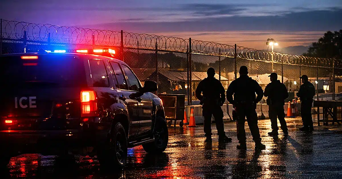 Border enforcement vehicle with emergency lights at immigration checkpoint with silhouetted agents at dusk