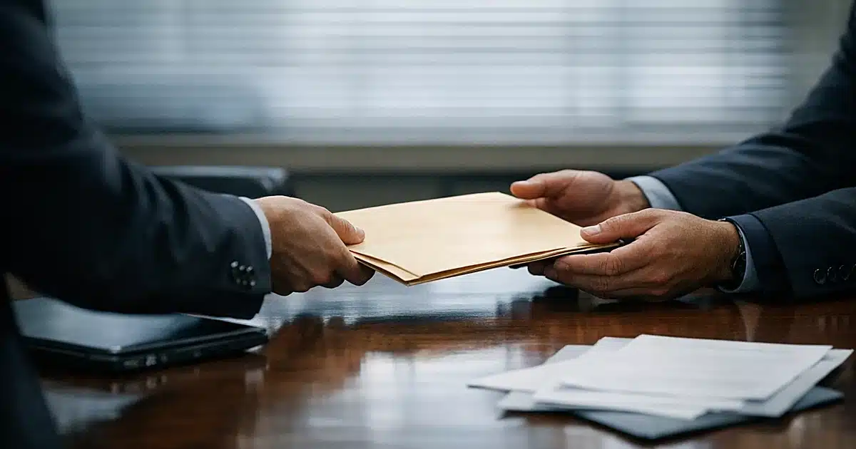 Hands exchanging documents across conference table in government office with scattered papers