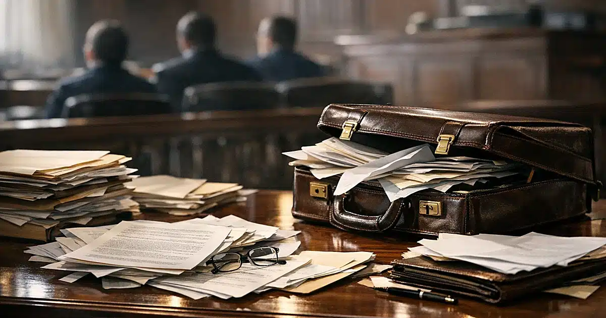 Legal defense table covered with scattered documents and open briefcase in dramatic courtroom lighting