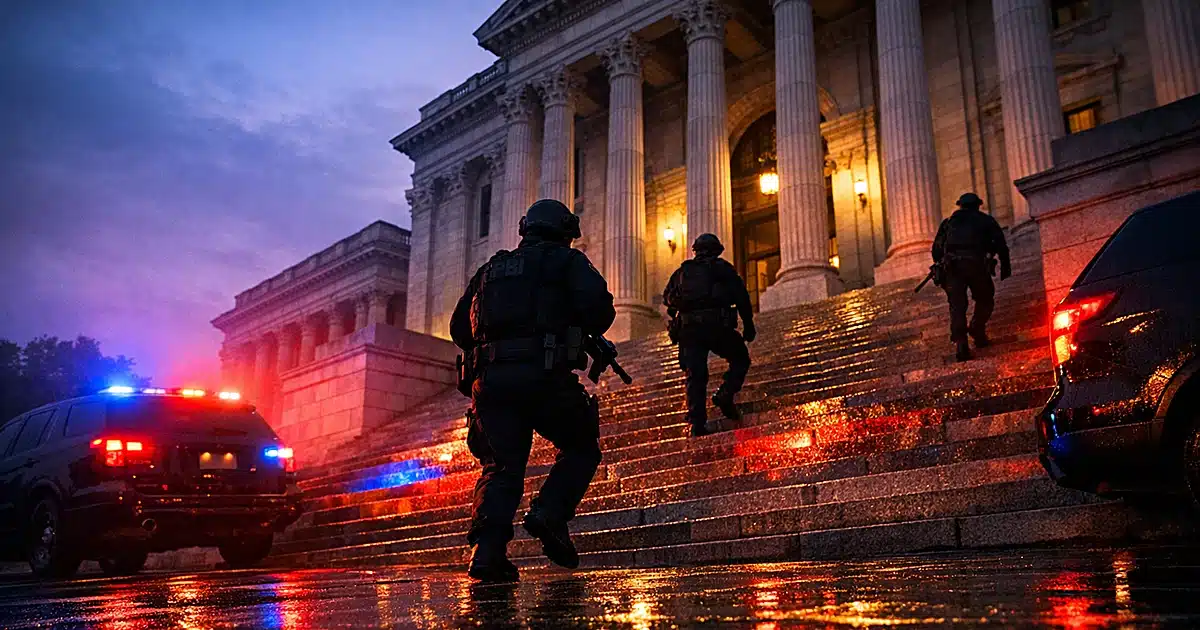 FBI vehicles with emergency lights outside state capitol building at dusk with agents on steps