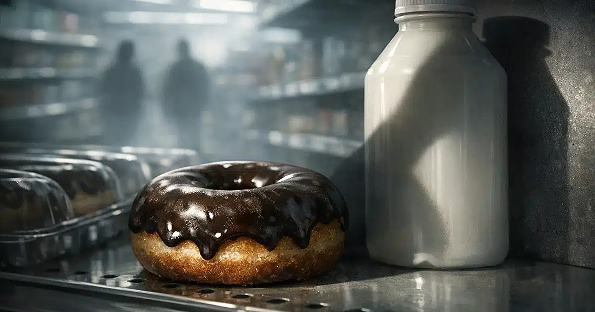 Chocolate-dipped donut next to milk bottle on grocery store shelf with dramatic shadow suggesting allergen danger