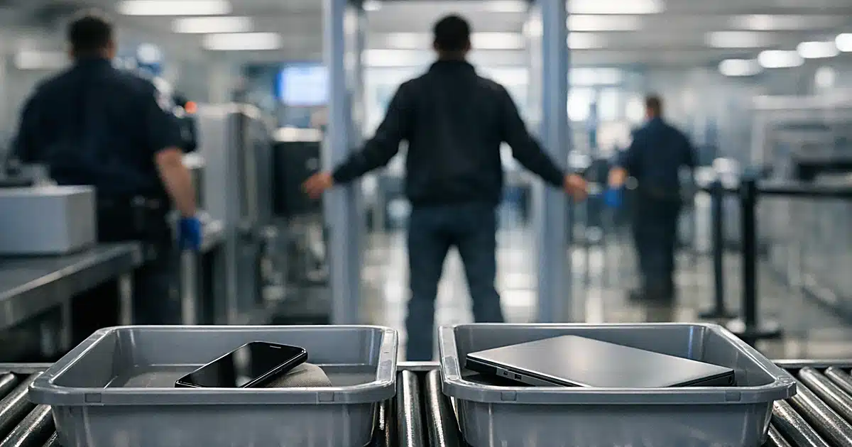 Airport security checkpoint with electronic devices in screening bins and silhouetted passenger being screened