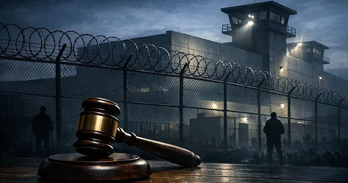 Gavel in foreground with detention facility and barbed wire fence in background at dusk