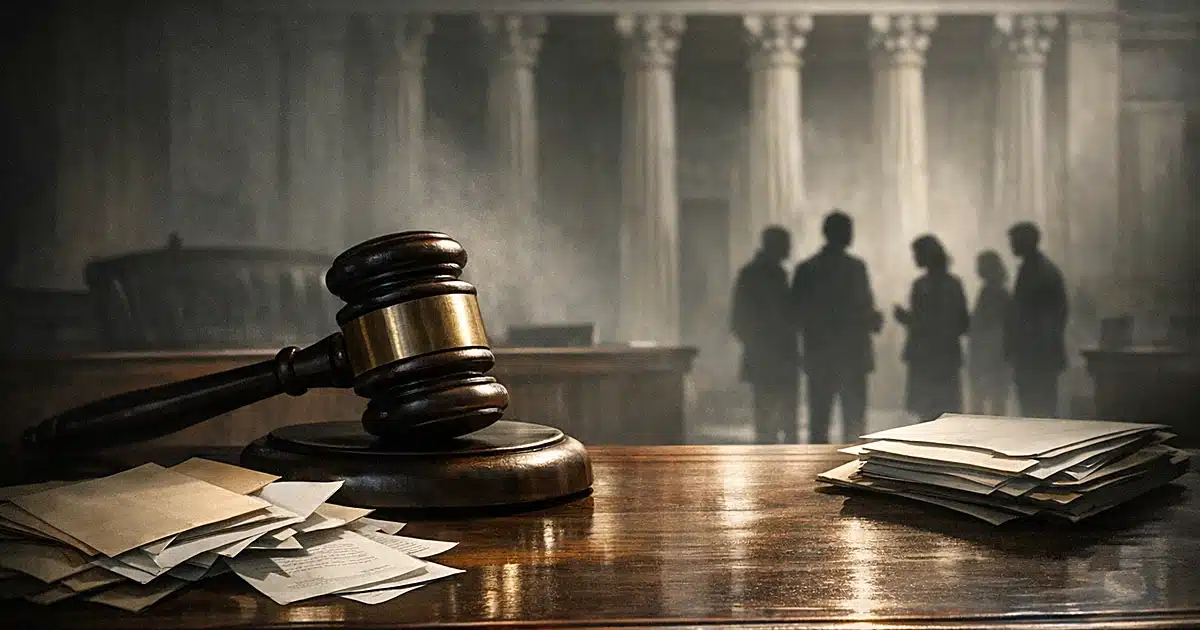Gavel on judicial bench with scattered grant documents, silhouettes of people before government building columns