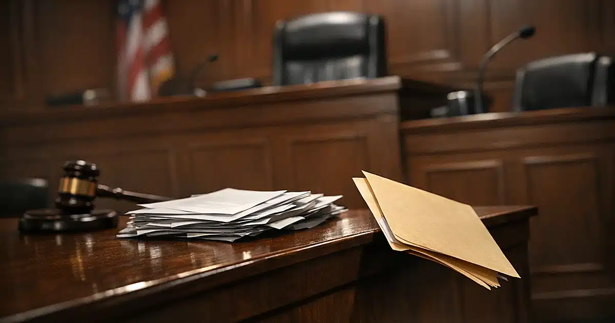 Empty courtroom judge's bench with scattered legal documents and dramatic overhead lighting