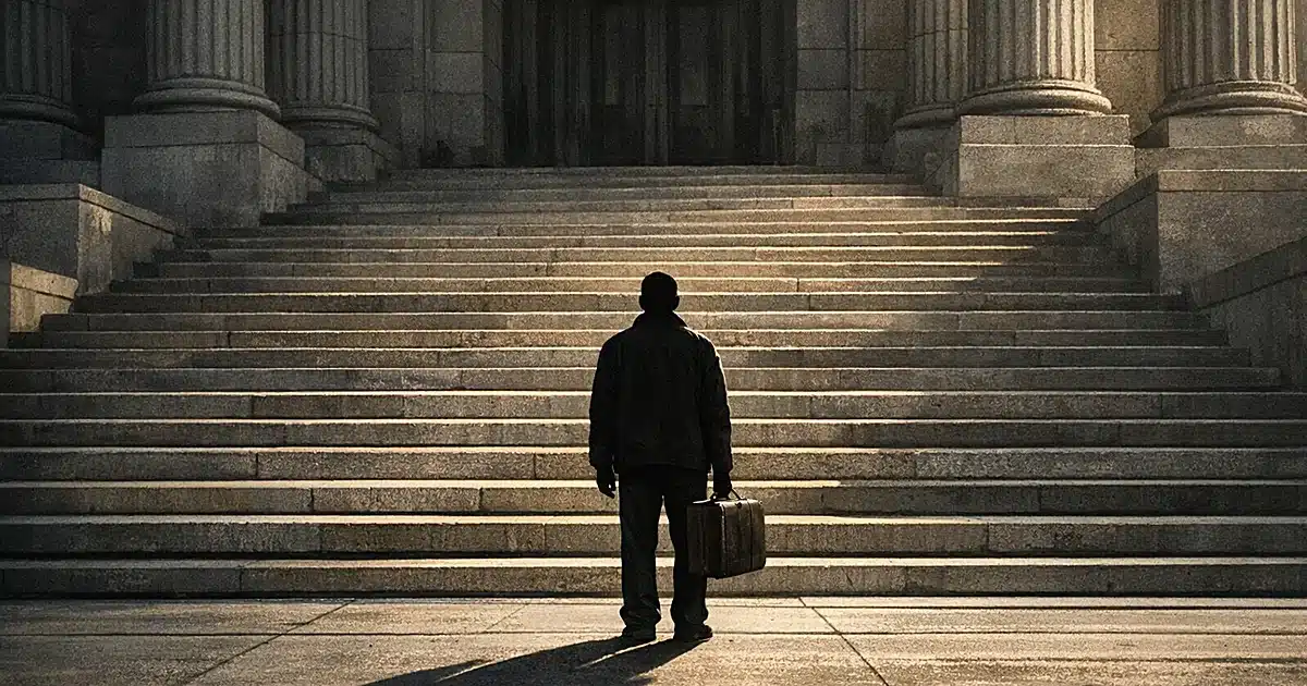 Silhouetted person with suitcase stands alone before towering courthouse steps, casting long shadow on concrete