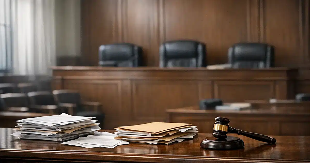 Empty federal courtroom judge's bench with legal documents and folders scattered across polished wood surface