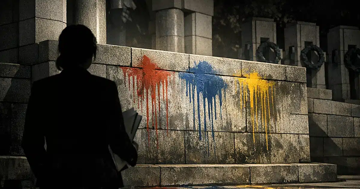 Silhouetted figure with documents faces vandalized memorial wall with spray paint drips under dramatic lighting