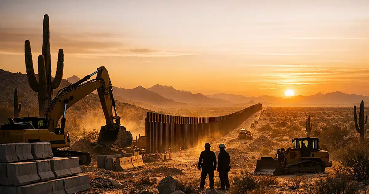 Border wall construction cutting through Sonoran Desert landscape with saguaro cacti at golden hour