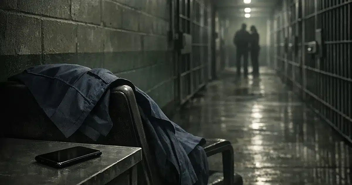 Empty prison corridor with abandoned corrections officer uniform and phone on desk, harsh institutional lighting