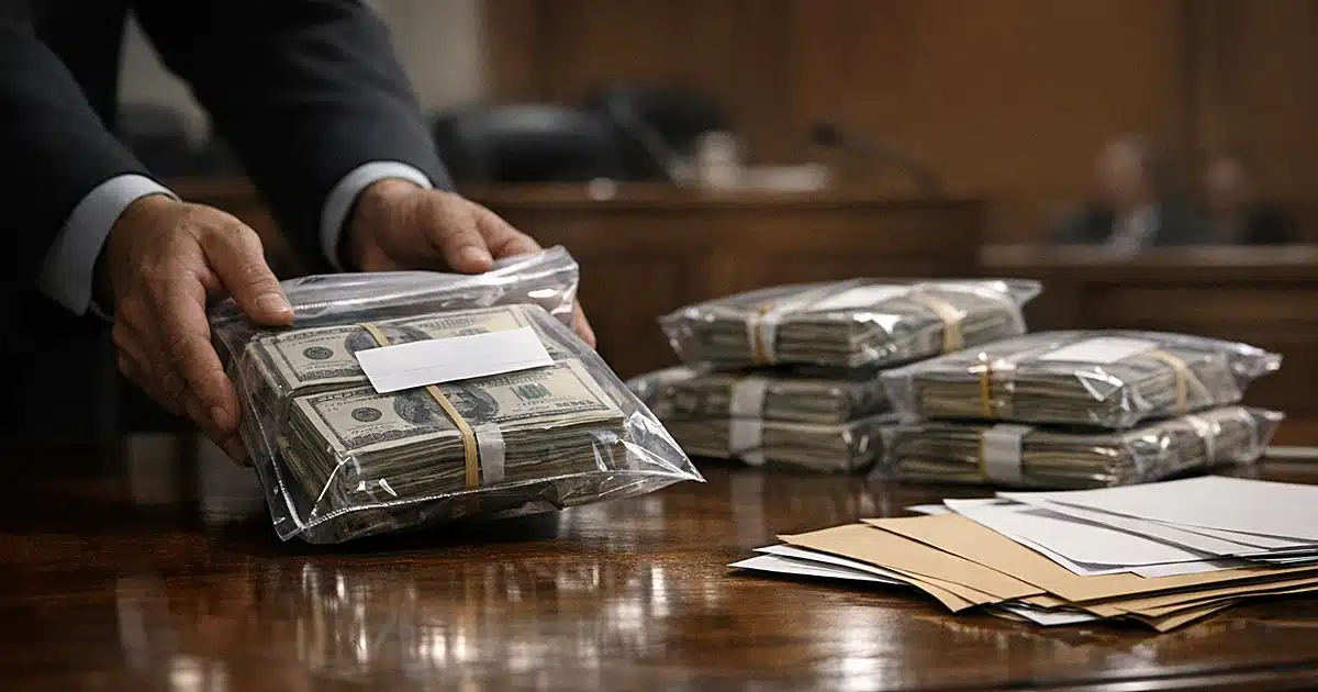 Evidence table with stacks of bundled cash in clear bags and documents being handled in courtroom setting