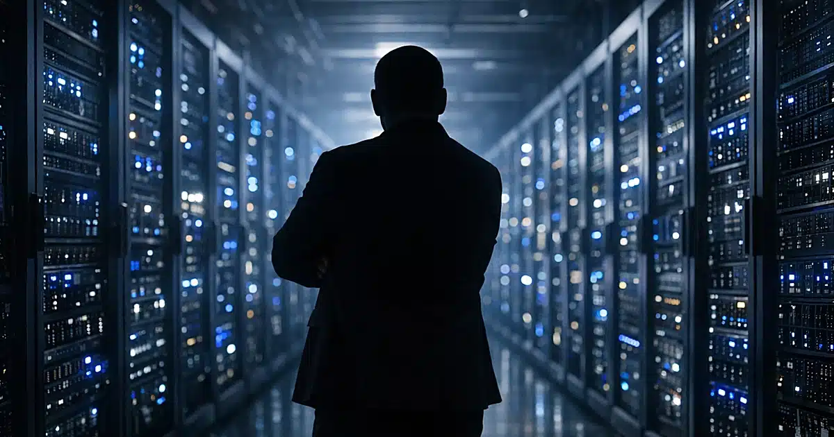 Silhouetted figure standing before rows of illuminated server racks in a data center facility