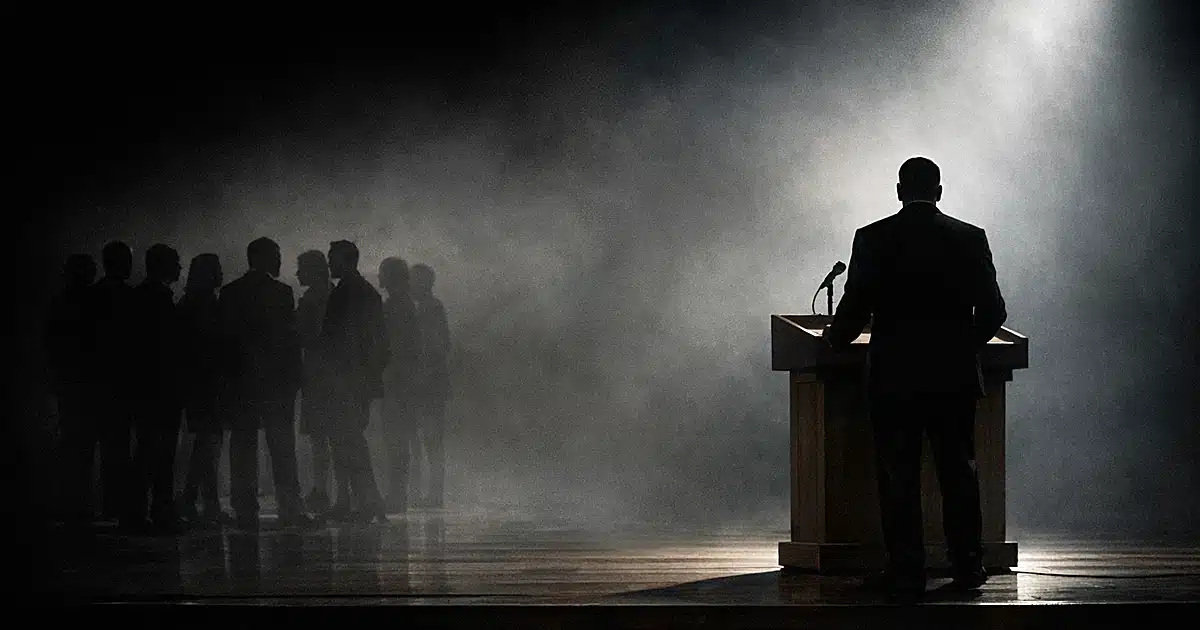 Silhouetted figure at podium facing away, separated from group of shadowy figures on stage in dramatic lighting