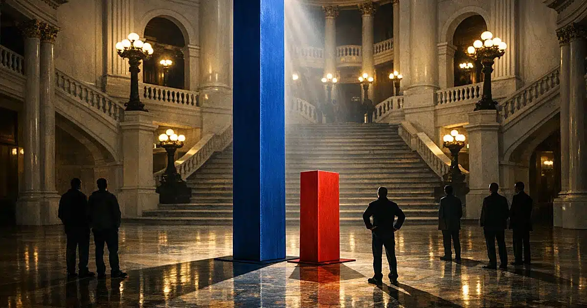 Sculptural bar graph showing blue column taller than red column, with silhouetted observers in capitol building