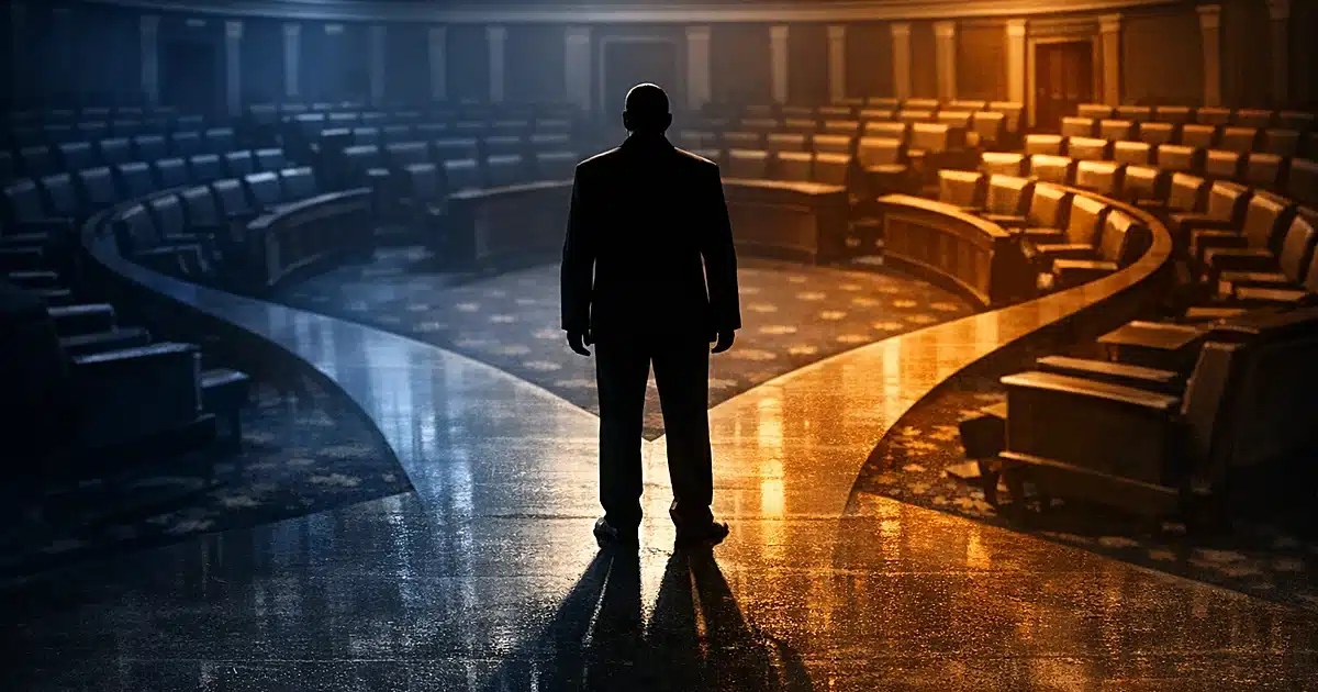 Silhouetted figure at crossroads in empty legislative chamber with diverging paths and dramatic lighting