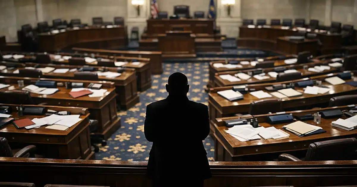 Legislative chamber with scattered papers and lone silhouetted figure standing at desk facing away from camera