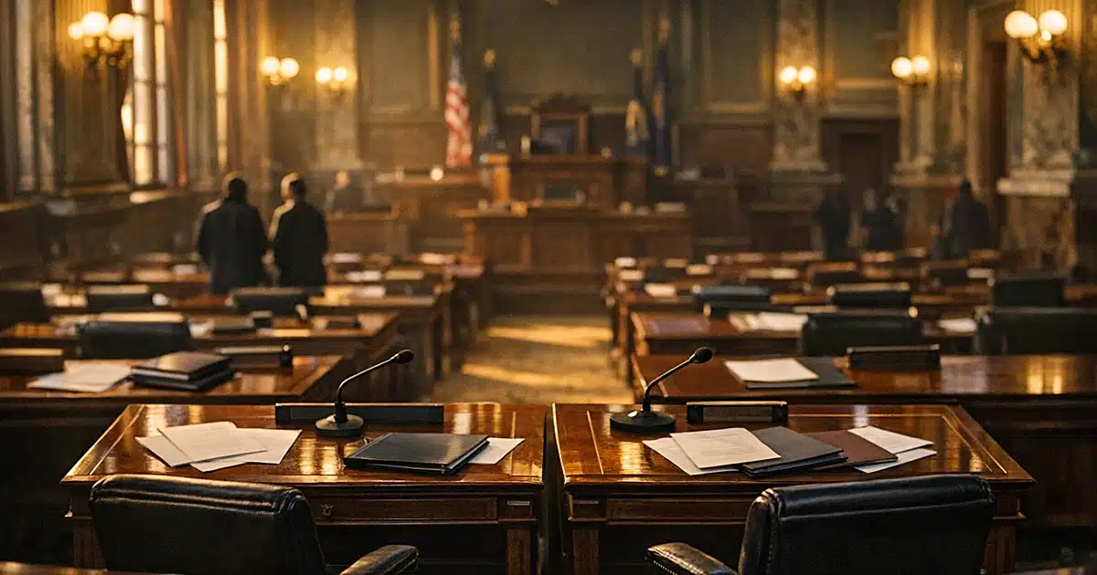 Two adjacent Senate desks in Pennsylvania legislative chamber bathed in golden afternoon light